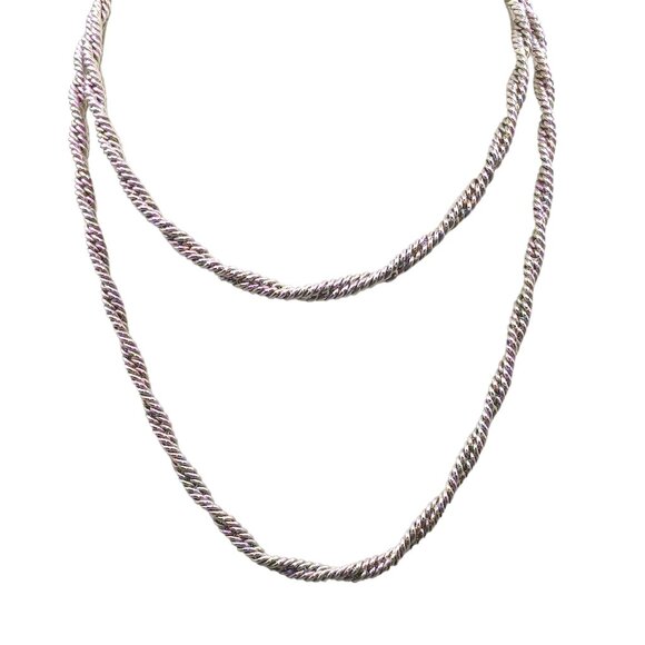 Vintage Crown Trifari Twisted Rope Chain Necklace, Double Twist Silver Tone Chai - Picture 2 of 5